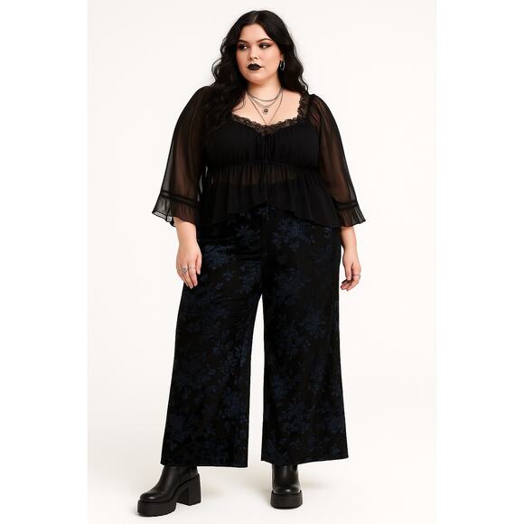 Ellos Black Burnout Velvet Floral Wide Leg Pants Plus Size 22 Whimsygoth Y2KPant - Picture 1 of 10